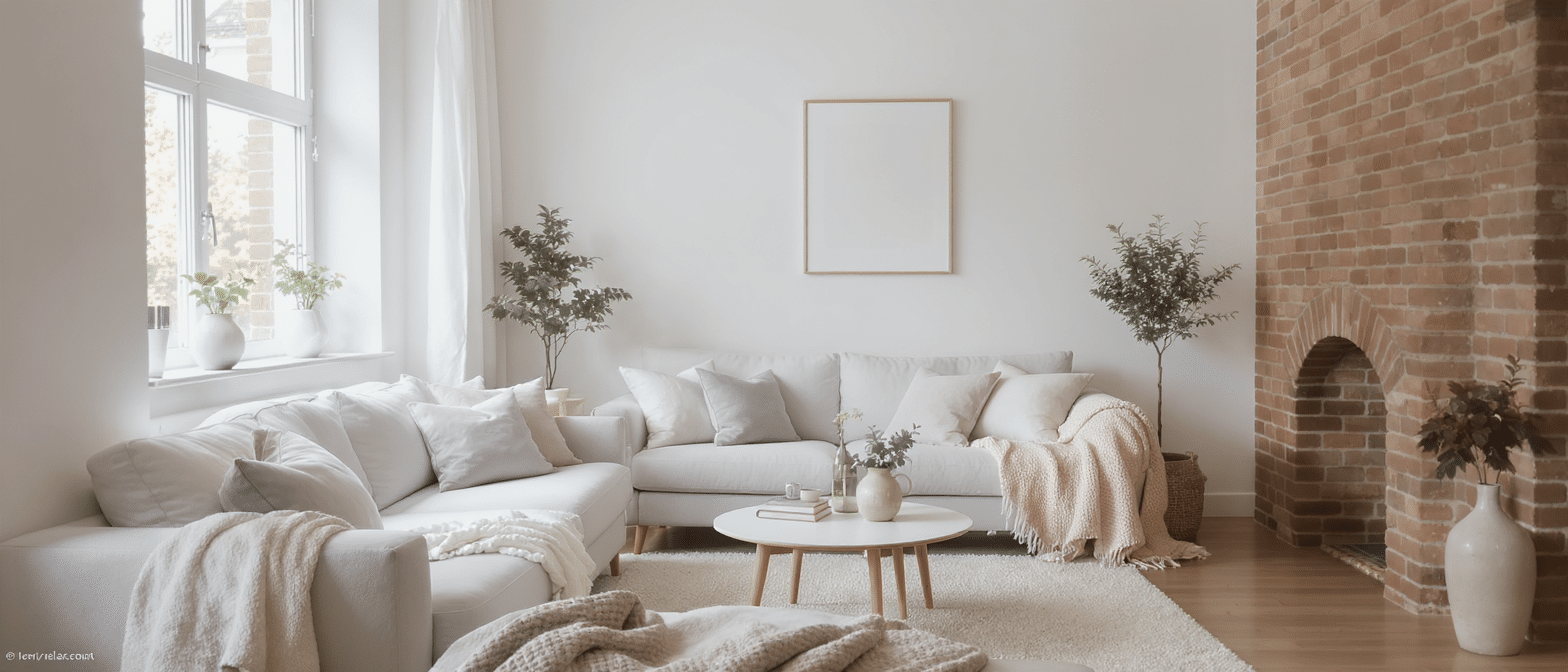 découvrez un appartement au charme scandinave alliant élégamment blanc immaculé, briques chaleureuses et touches pastel pour un intérieur à la fois cosy et moderne.