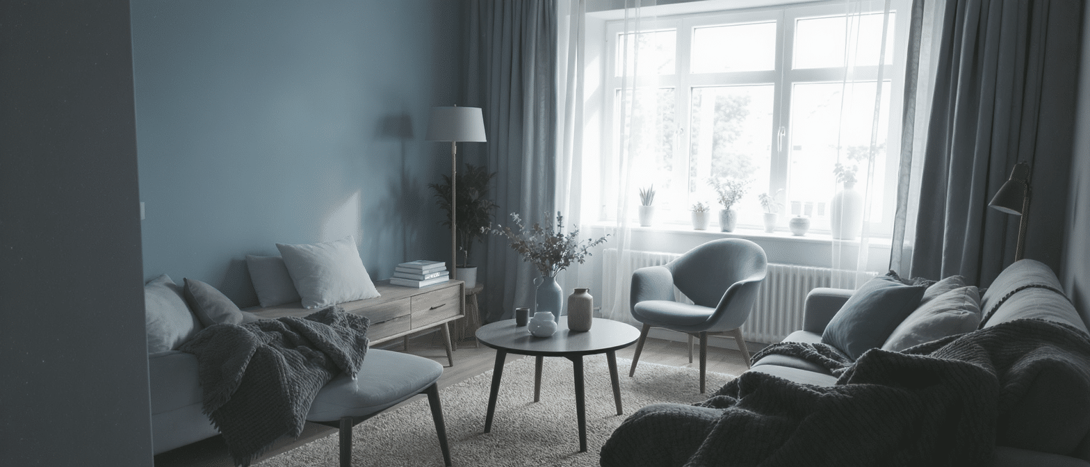 découvrez un intérieur scandinave mêlant élégamment des nuances de bleu-gris, pour une atmosphère apaisante, moderne et chaleureuse. idéal pour les amateurs de design nordique contemporain.