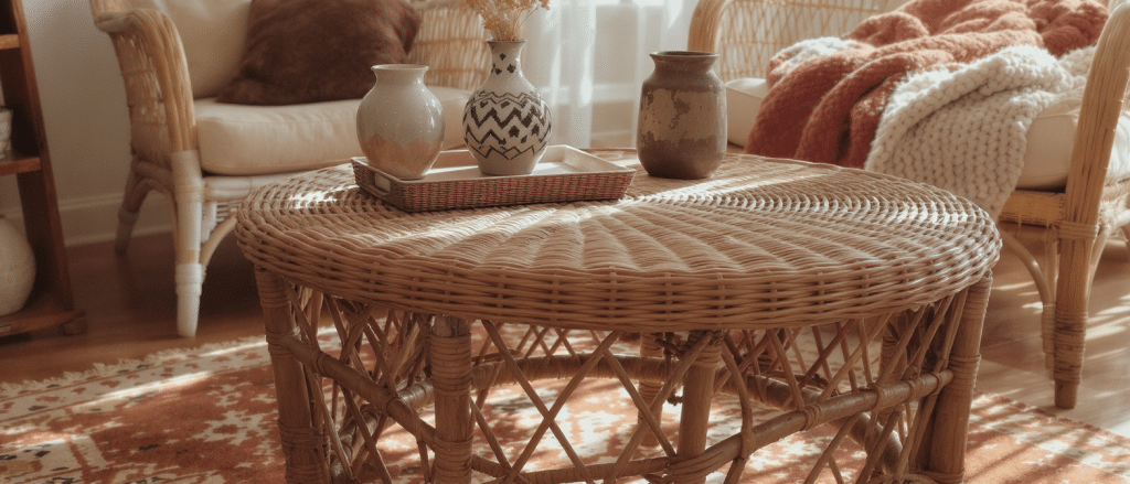 découvrez la table basse en rotin, l'alliance idéale entre le style bohème élégant et une ambiance chaleureuse et conviviale pour votre intérieur.
