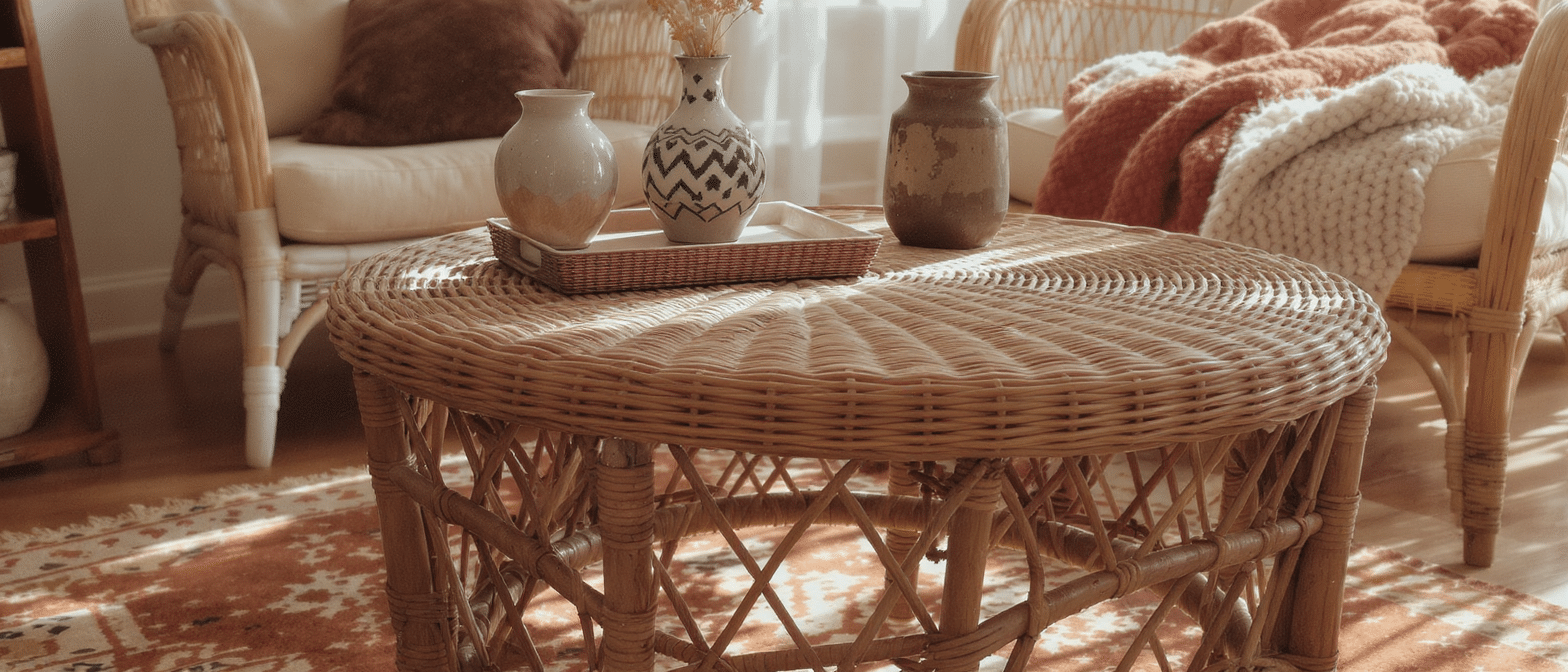 découvrez la table basse en rotin, l'alliance idéale entre le style bohème élégant et une ambiance chaleureuse et conviviale pour votre intérieur.